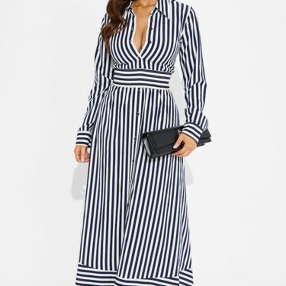 Alison Striped Maxi Shirt Dress - Navy/combo - M